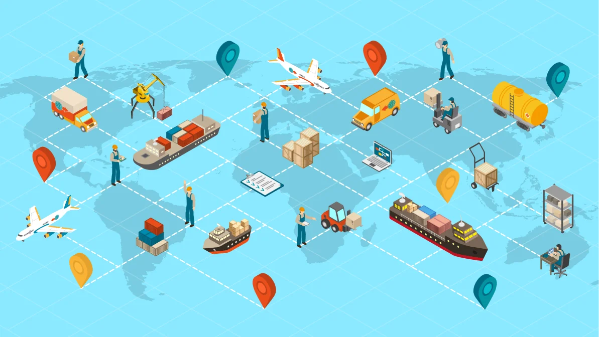 International logistic company worldwide operations with cargo distribution shipment and transportations map isometric poster abstract illustration